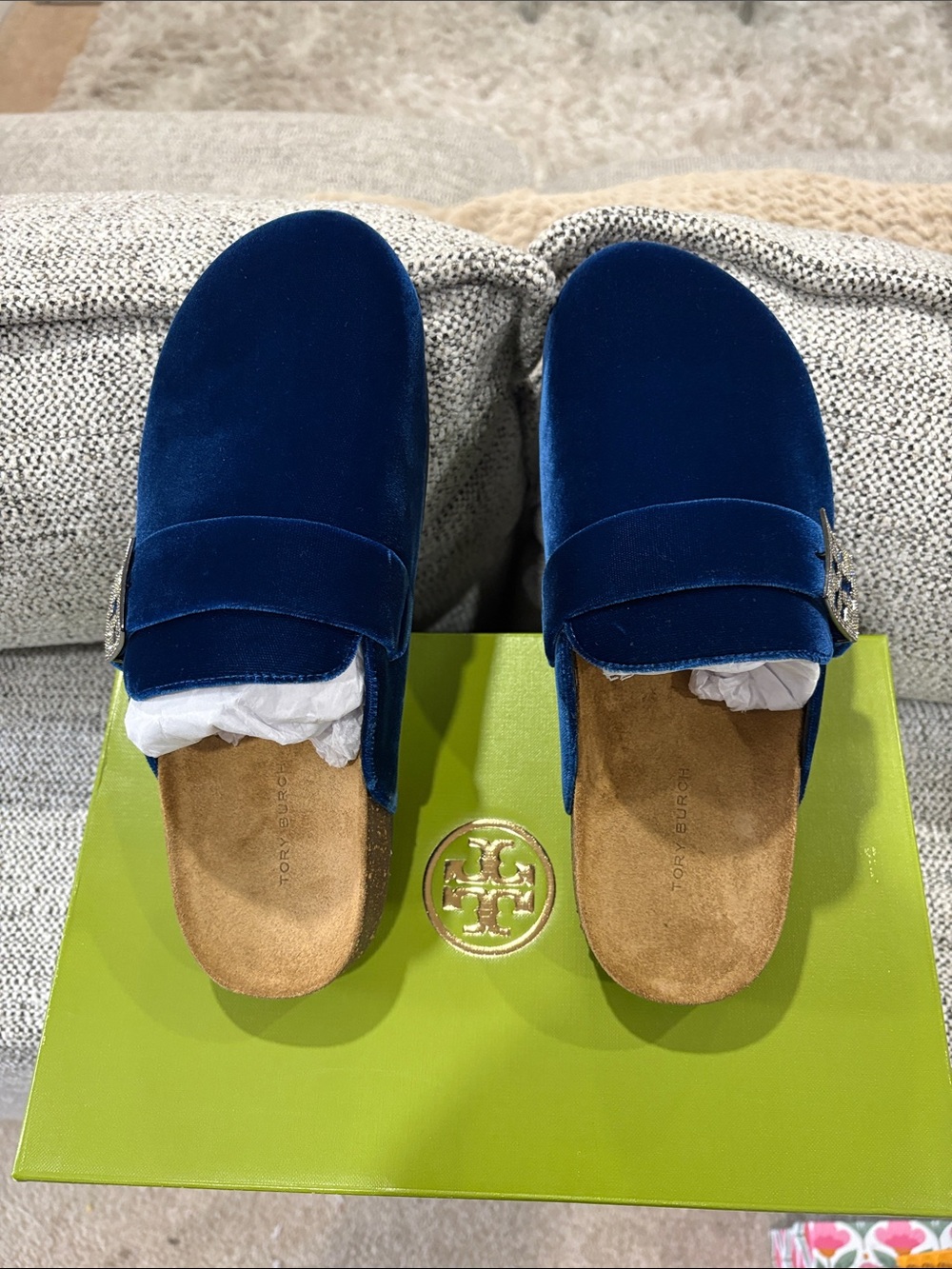 Tory Burch Royal Blue Velvet Backless Loafers with Logo Accent NIB - Picture 6 of 9